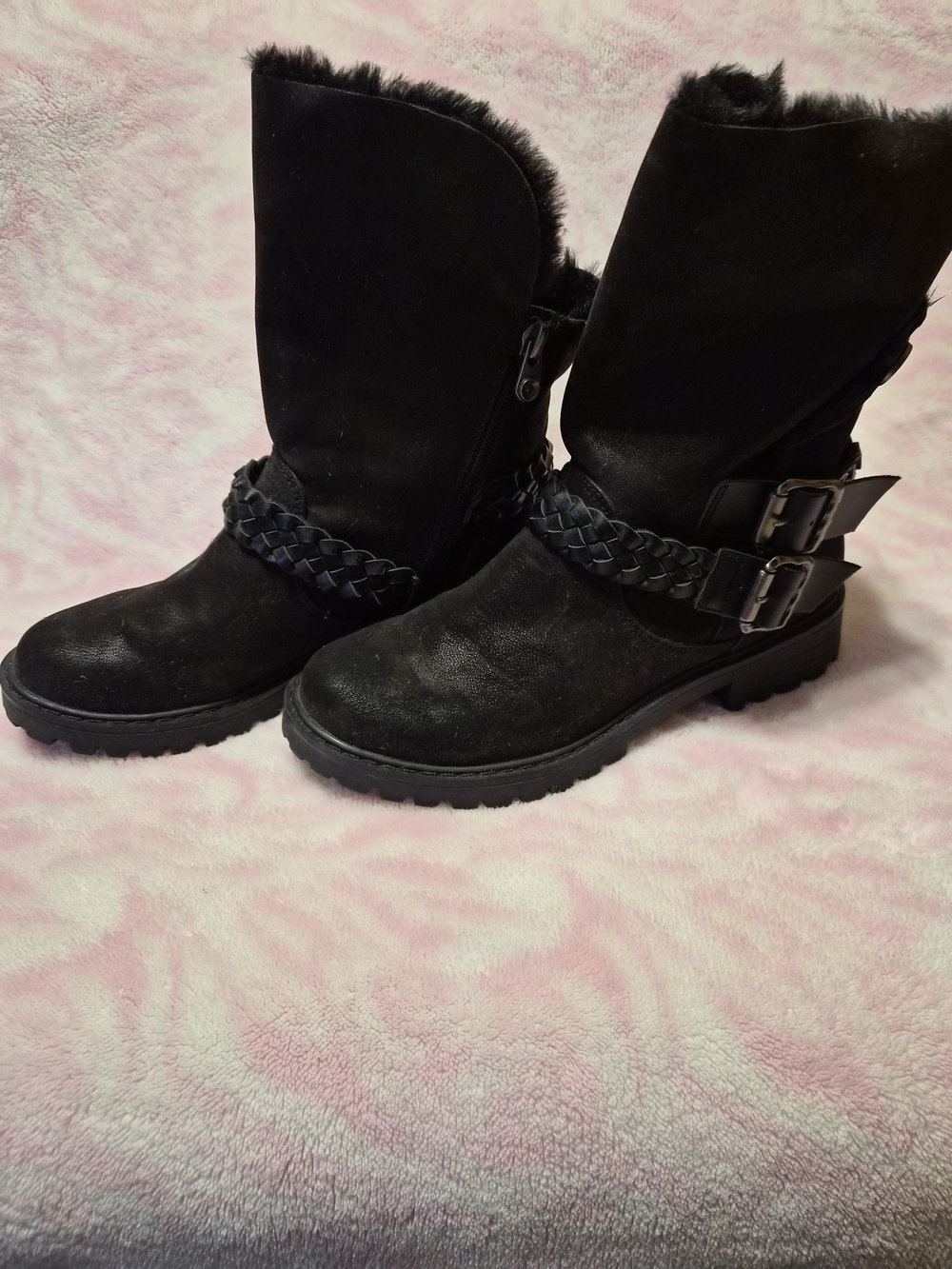 Black Faux-Fur Combat Boots with Braided Strap and Buckles